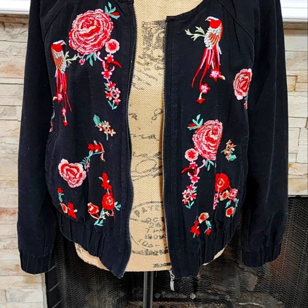 New York & company vintage embroidered floral pheasant bird bomber jacket size L